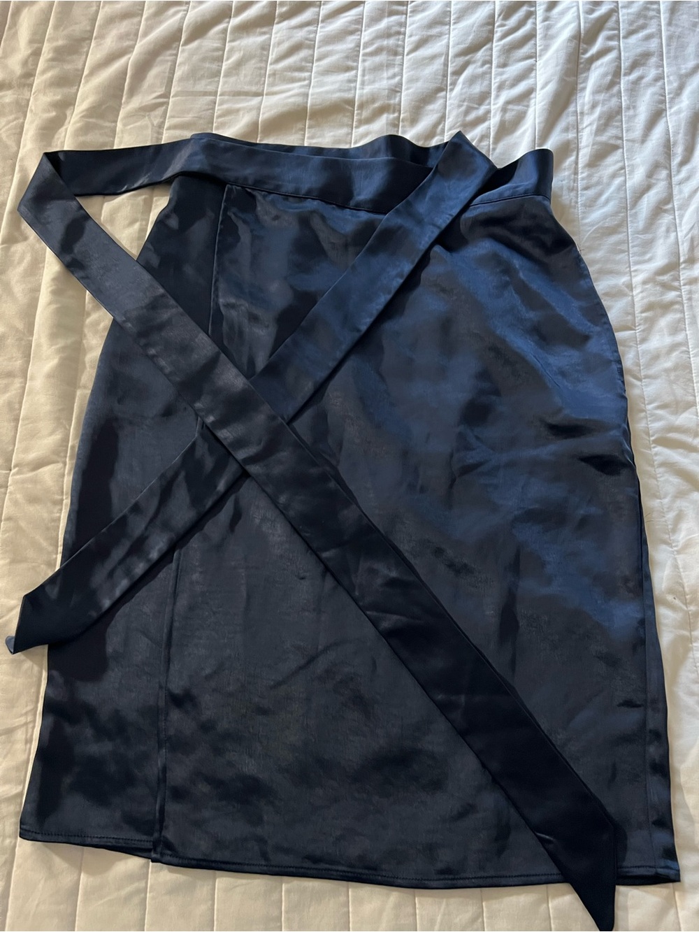 Wildfang Navy Satin Wrap Pencil Skirt with Long Waist Ties